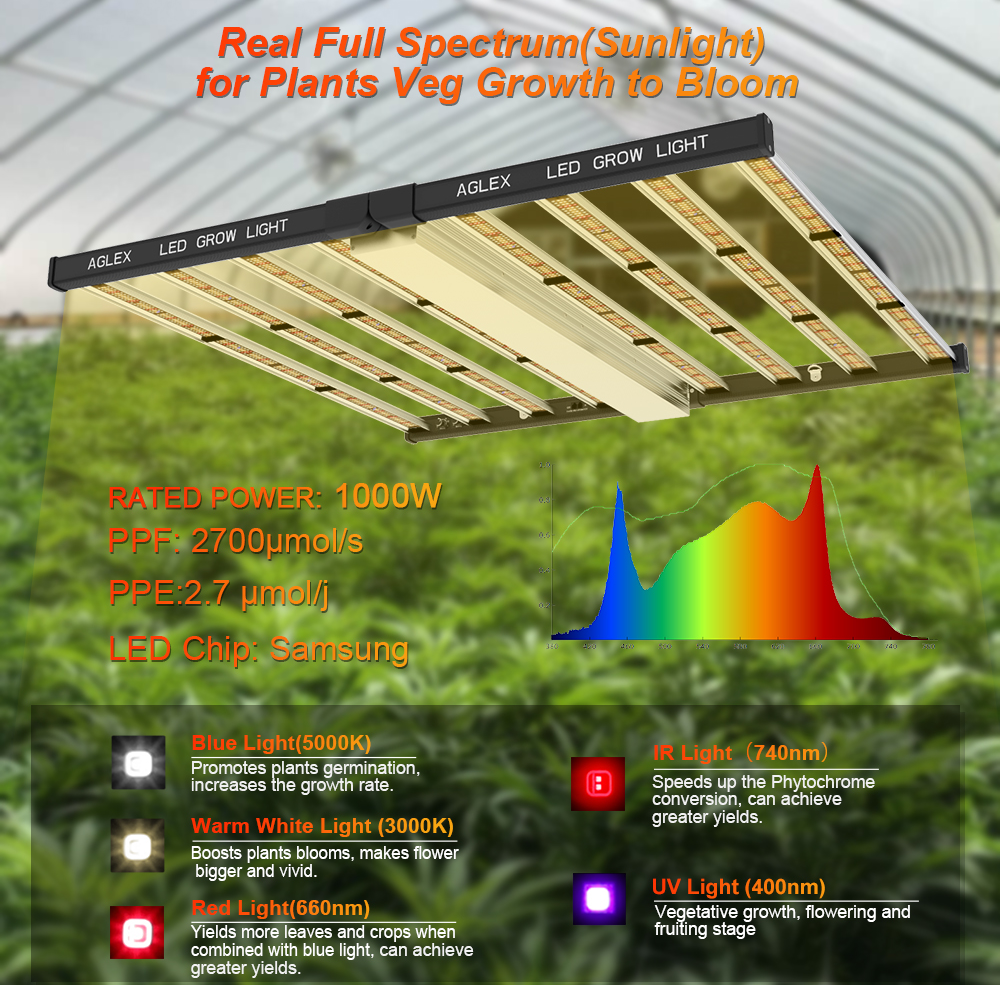 Sayuran spektrum penuh tumbuh LED tumbuh ringan 1000W