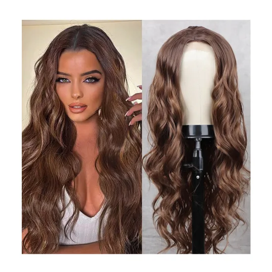 Aisi Hair Hot Selling Soft Natural Brown  Small Lace Front Expression Synthetic For White Women Fiber Long Body Wave Wig