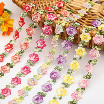 15 Yards Pink Green Polyester Flowers Embroidered Lace Trim Ribbon