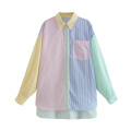 Color Block Long Sleeve Button Blouses