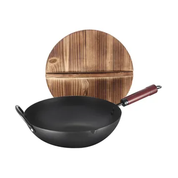 Chinese traditional nitriding wok Wood Handle Carbon Steel Wok pan With Wooden Lid