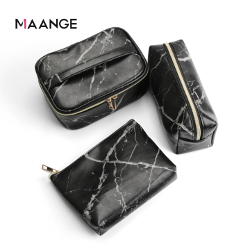 MAANGE 3pc Waterproof Zipper Cosmetic Bags, Black Marble PU Leather Case