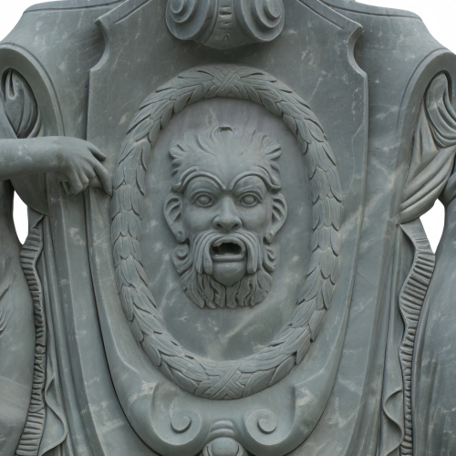 Ornate Stone Fountain with Heraldic Emblems Figural Design