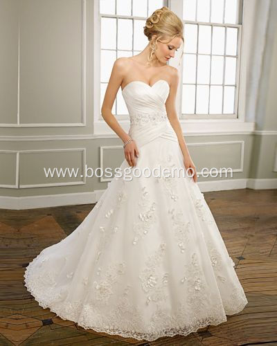 A-line Sweetheart Strapless Satin Organza Lace Chapel Train Beading Ruffled Wedding Dress