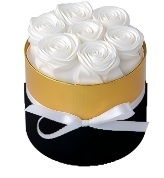 7 White Preserve Roses Round Silk Gold Trimmed Gift Box