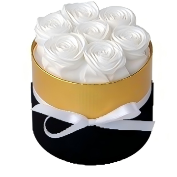 Coffret cadeau rond en soie à bordure dorée de 7 roses blanches préservées