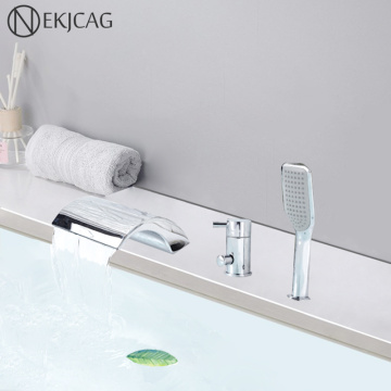 Chrome Brass Three Cristal Handles Waterfall Bathtub Faucet Deck Mount Bath Shower Mixer Taps with Handheld shower