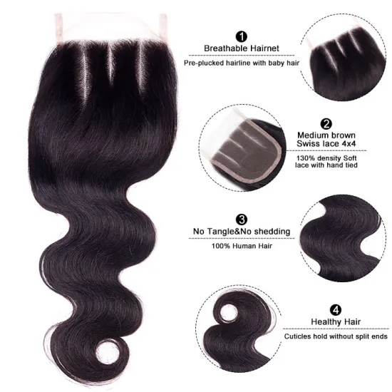 Wholesale virgin hair vendors body wave middle/free/three part closure natural color 4*4 swiss lace closure