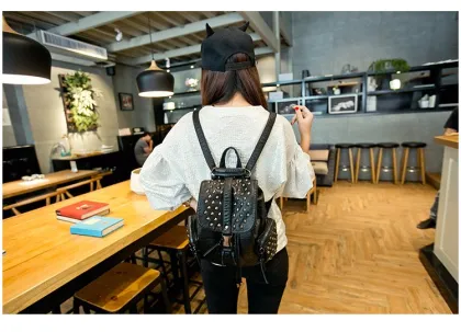 Fashionable rivet soft leather shoulder backpack