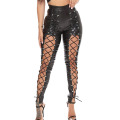 Fishnet Trim Lace Up PU Leather Pants Women