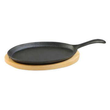 Korean BBQ Sizzling Hot Plate: Cast Iron Non-Stick Steak Griddle with Wooden Tray Base - 14.5x28cm Oval