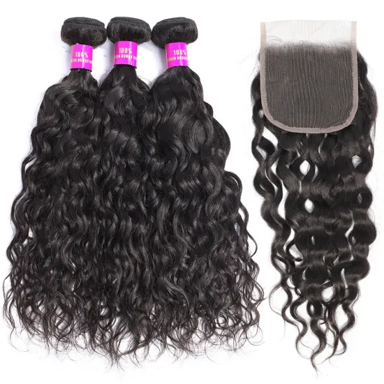 Brazilian Hair Water Wave Bundles With Closure100% Virgin Human Hair Extensions Lace Closure