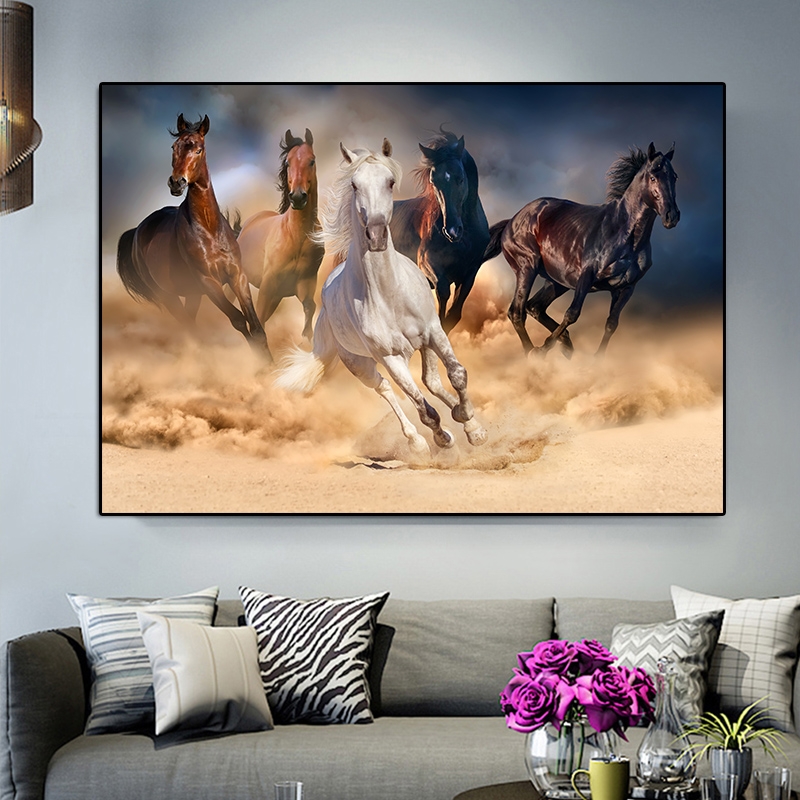 Five Running Horse Poster Wild Animals Oil Painting on Canvas Posters and Prints Wall Art Picture for Living Room Unframed