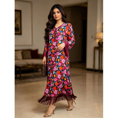 Ubax Print Fringe Casual Maxi Lebbiska