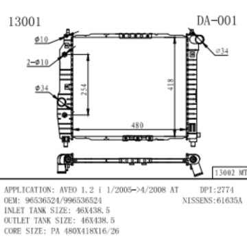 Radiatore per Aveo 1.2 I Numero OEM 96536524