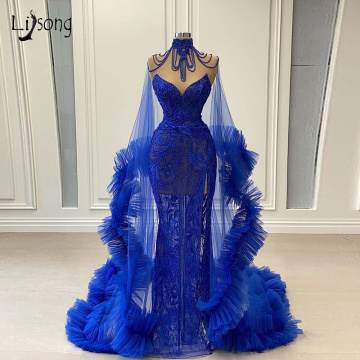 Real Image Illusion Royal Blue Lace Prom Dresses With Tulle Cloak Sexy See Thru Beaded Side Split Long Prom Gowns Robe De Soiree