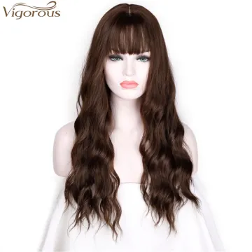 Vigorous 24 Inches Long Wavy Women's Wig Dark Auburn Hair With Bangs Natural Wavy High Temperature Fiber Wig Wholesale