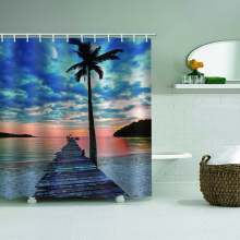 Estilo tropical impermeável cortina de chuveiro praia coco árvore ponte de madeira natureza decoração do banheiro