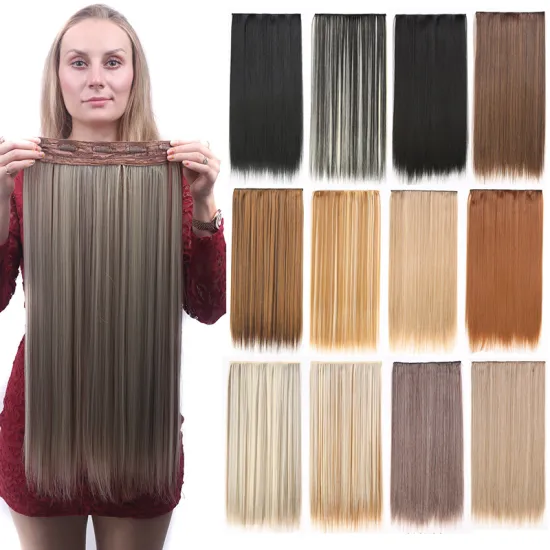 Women heat resistant fiber synthetic hair piecesone piece clip in hair Double Drawn Thick Ends Remy Clip In Hair Extension