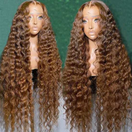 High-Quality Luxury Human Hair Wig HD 13x6 Full Lace Frontal 200 Density Deep Wave Reddish Brown