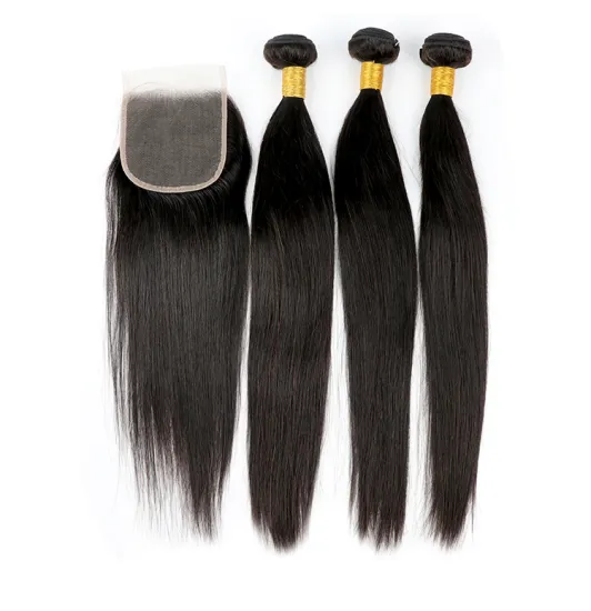 Fast Delivery Raw Unprocessed Brazilian Human Hair Bundles with closure Natural Color Large Stock straight hair closure