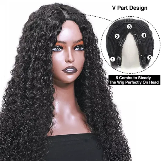V Shape Kinky Curly Brazilian Remy Human Hair Wig No Leave Out Side Part Glueless