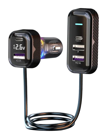 Retractable Car USB Type C for IP 15 Multiport Fast Charge BT Rear Car Charger