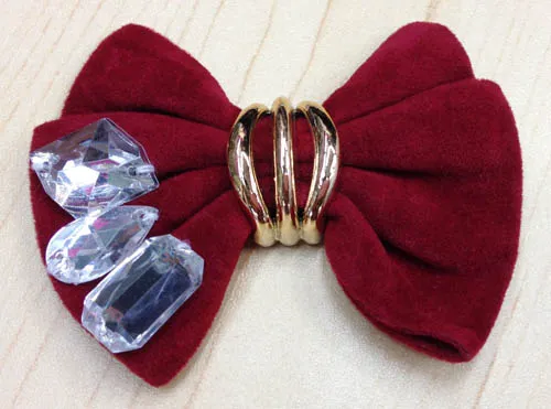 Red Plush Flower Shoe Clips with Bowknot Design and Crystal Stones Trimming