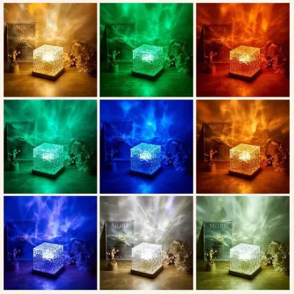 3D Rotating Crystal Aurora Lamp with Blue Dynamic Water Ripple Cube Night Light