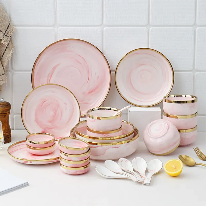Luxury Marble Pink Glaze Ceramic Charger Plates with Gold Edge