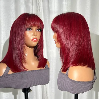 Remy Full Machine Made Glueless Bob 99J Red Bob Wig with Bangs - Straight Hair Bob Wigs