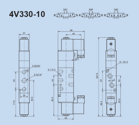 Overall Dimension of 4V330-10 pneumatic solenoid valve in CNC automation system