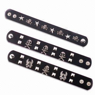 Imitative PU Leather Bracelets, Decorated with Metal Parts, Customized Designs are Accepted