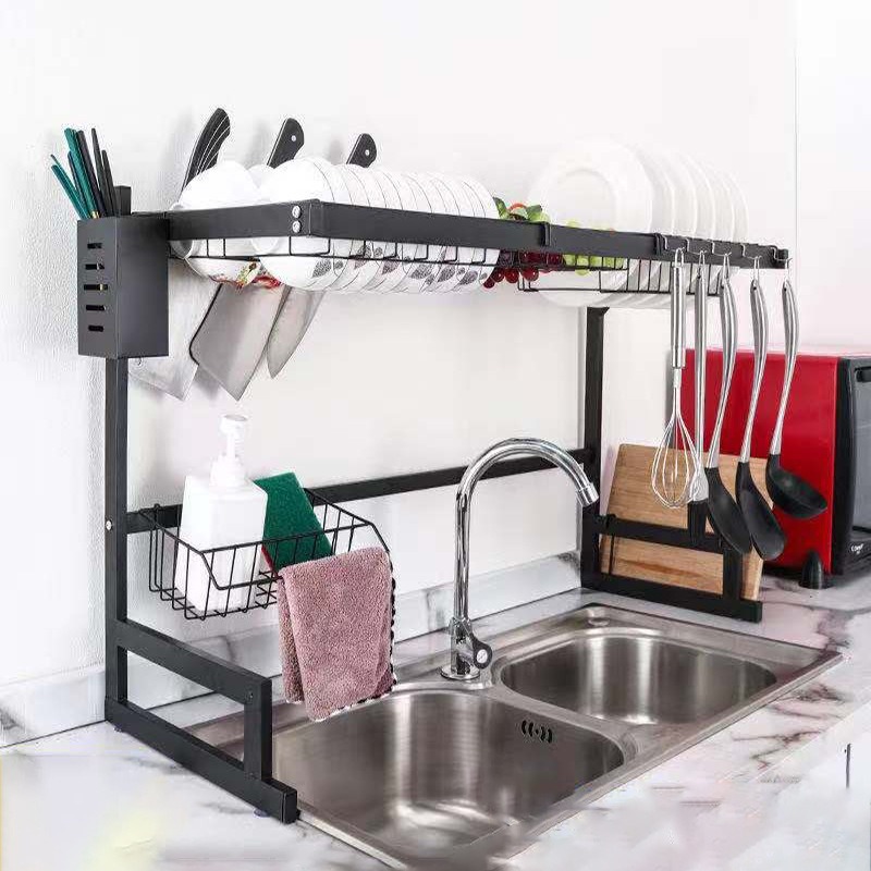 L Shaped Carbon Steel Over Sink Dish Rack Kitchen Sink Organizer with Cutting Board Holder