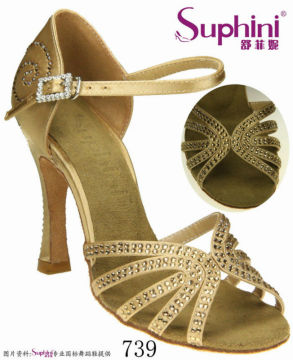 Suphini Tan Satin Soft Comfort Latin Dance Shoes With CRYSTAL