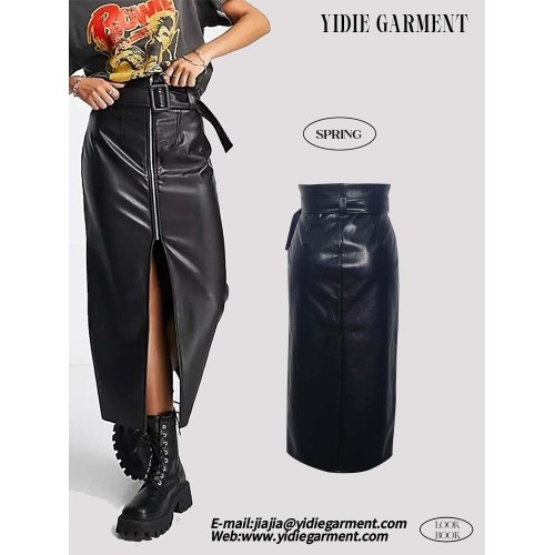 Rok midi ikat pinggang kulit hitam dengan zip