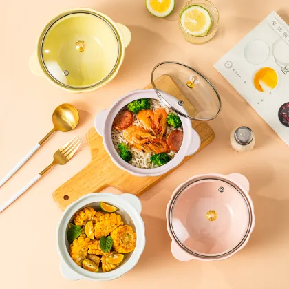 Ceramic Noodle Bowl with Glaze, Double Ears, Anti-Scalding, and Glass Lid