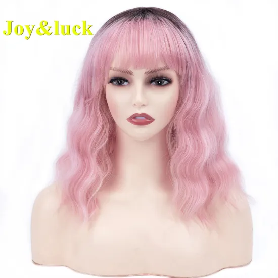 Ladies Wholesale Prices Dark Root Women's Wigs With Bangs Wavy Party Black Ombre Pink Short Natural Water Wave Synthetic Wigs