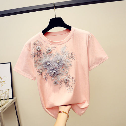 Camiseta de algodón de mujer Bordado de moda Flor