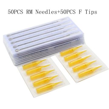 Disposable 50pcs 5RM 7RM 9RM 11RM 13RM 15RM Tattoo needles +50pcs 5FT 7FT 9FT 11FT 13FT 15FT yellow Tattoo tips kit