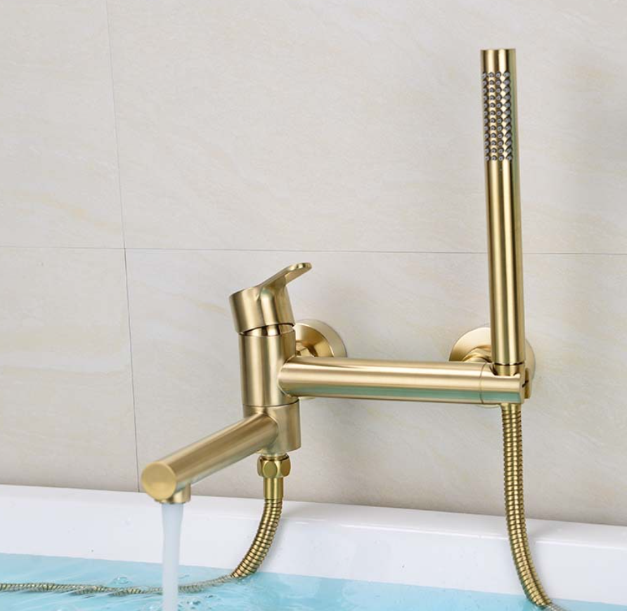 Mezclador de cascada con acabado dorado, ducha de mano estirable, válvula de agua fría y caliente, grifo de bañera, grifo de agua