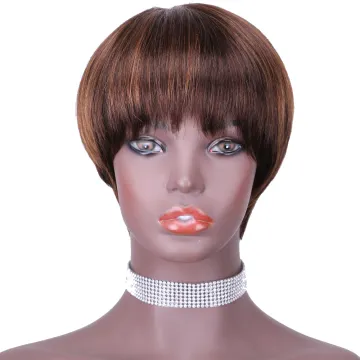 Human Hair Short Wigs For Black Women Pixie Cut Wigs with Bangs Short Layered Wavy Wigs Highlight Brown Color