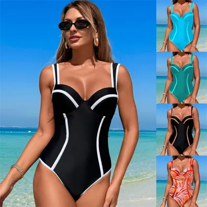 High-End Black and White Striped High Waist Swimsuit