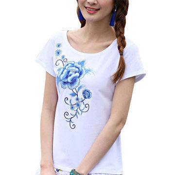 Women's Embroidered T-shirts in Chinese Style, Custom Made of Your Own Designs and Logos are Welcome