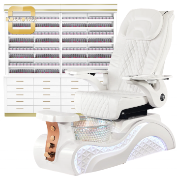 White Gold Pedicure Polish and Powder Rack with Cabinet Package for Beauty Supply
