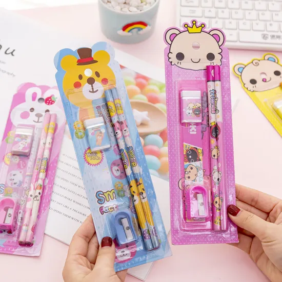Cute Cartoon Kids' Stationery Set: Pencils, Erasers, Sharpener, Ruler for School Supplies