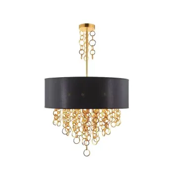 Retro Luxury Fabric Round Shade LED Pendant Lamp with Crystal Chandelier Dining Lighting