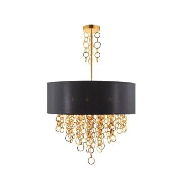 Retro Luxury Fabric Round Shade LED Pendant Lamp with Crystal Chandelier Dining Lighting