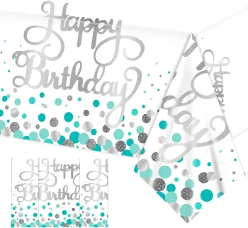 Teal Silver Rectangle Plastic Table Cover - Happy Birthday Decoration for Parties