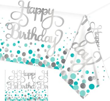 Blaugrüne silberrechteckige Kunststofftischabdeckung - Alles Gute zum Geburtstag Dekoration für Partys
